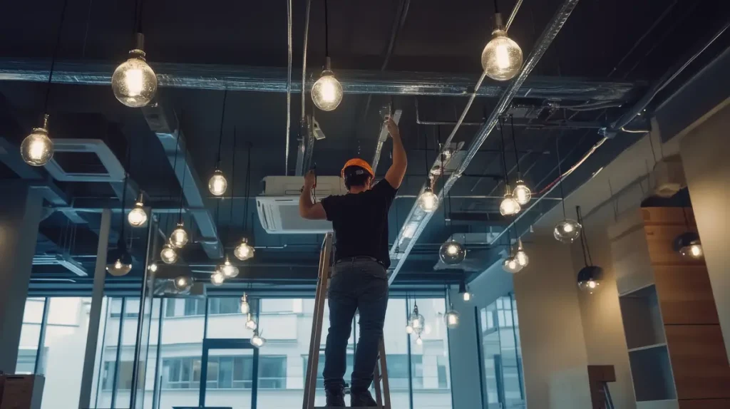Una persona con casco se sube a una escalera mientras trabaja en la iluminación del techo de una moderna oficina llena de bombillas colgantes.