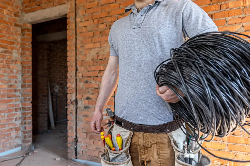 Un obrero de la construcción vestido con un polo gris y un cinturón de herramientas, de pie en un edificio de ladrillo en rehabilitación, sujeta una gran bobina de cable eléctrico negro, captando la esencia del acompañamiento artístico en medio de la transformación creativa.