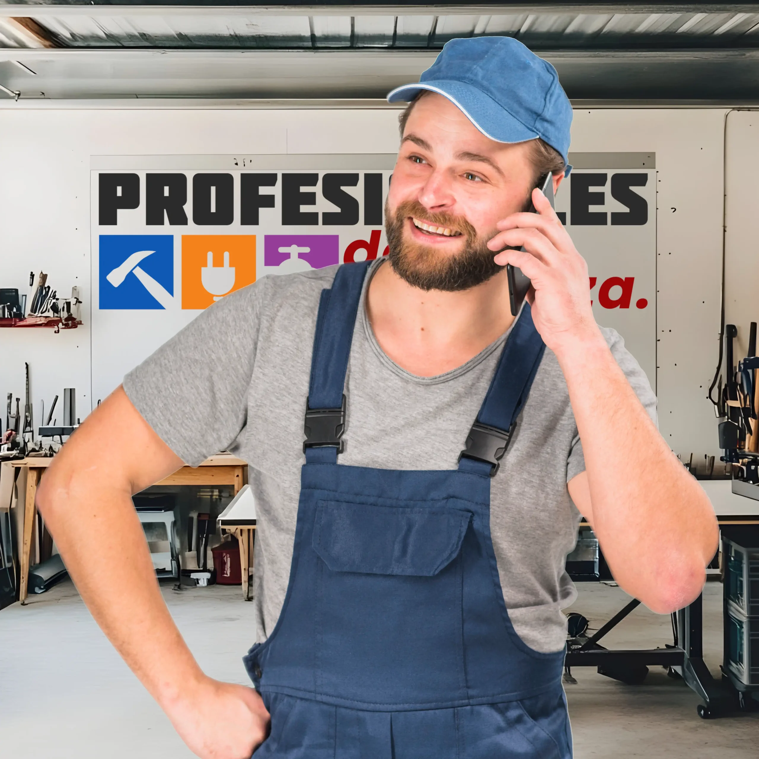 Un hombre sonriente con mono azul y gorra habla por teléfono dentro de un taller. El fondo muestra un cartel que dice PROFESIONALES con iconos de herramientas de colores y texto en español.