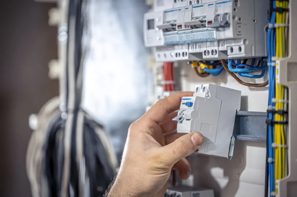 La mano de un electricista profesional que instala un disyuntor en un cuadro eléctrico lleno de cables e interruptores.