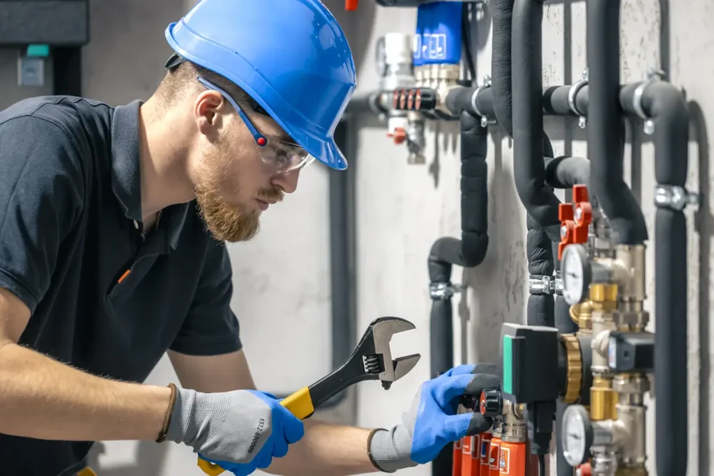 Un técnico con casco azul, gafas de seguridad y guantes utiliza una llave inglesa para ajustar tuberías y manómetros en equipos industriales, demostrando buenas prácticas de inclusión y accesibilidad en el entorno laboral.