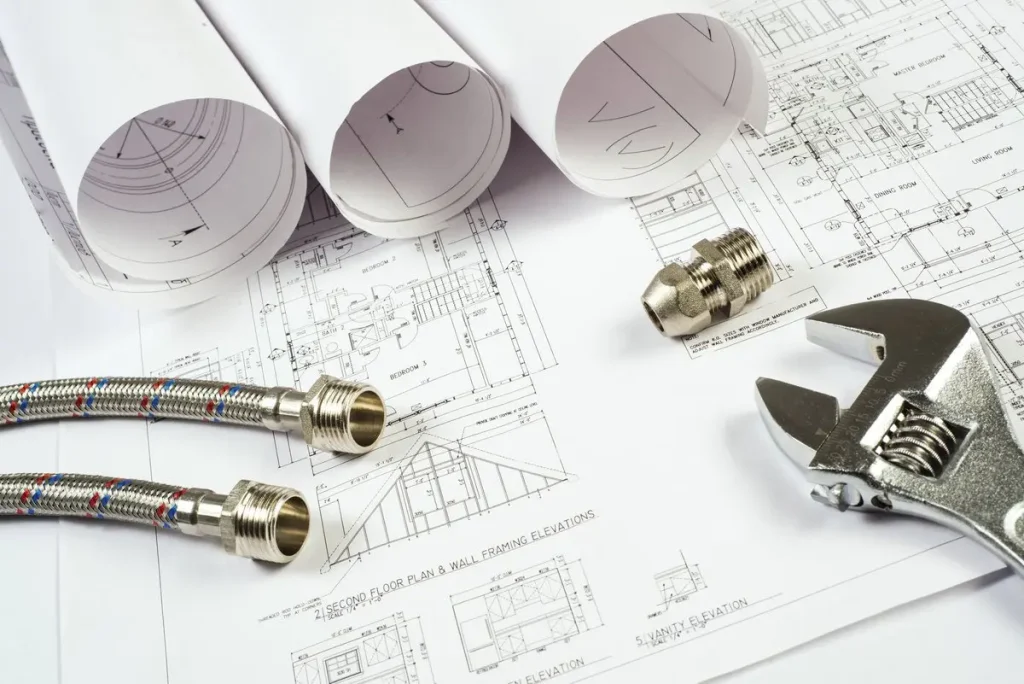 Planos de fontanería con planos enrollados, accesorios metálicos, una manguera de agua flexible y una llave ajustable dispuestos sobre planos arquitectónicos ponen de relieve un diseño pensado en la inclusión y la accesibilidad.