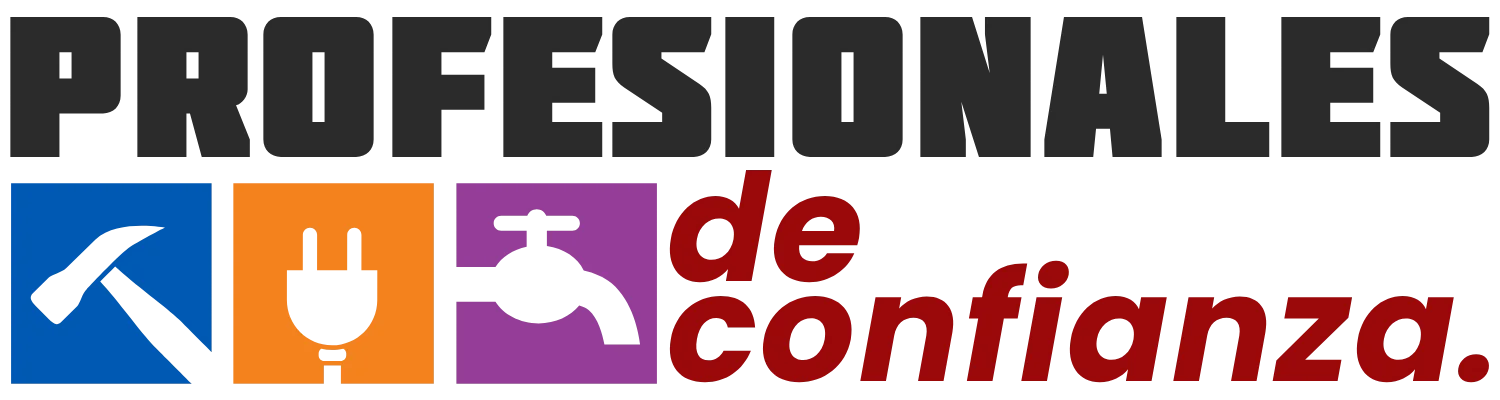 Logotipo con el texto PROFESIONALES de confianza. Debajo hay tres iconos: un martillo y un pico en naranja, un enchufe en morado y un grifo en azul, que representan diversos servicios profesionales.