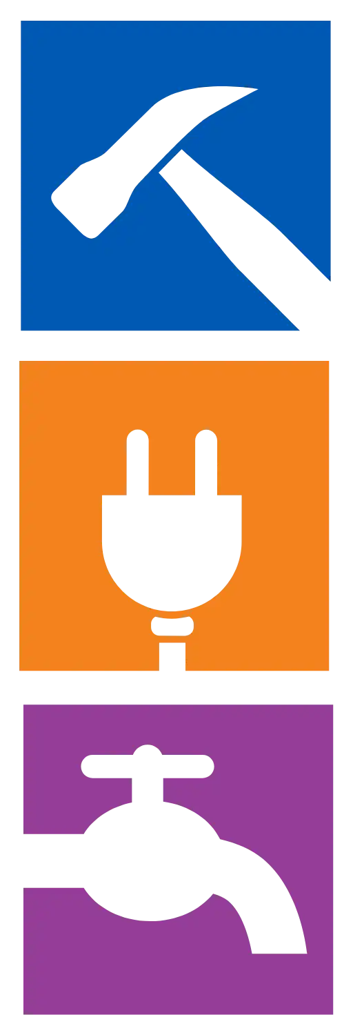 Imagotipo de Profesionales de confianza, compuesto de tres iconos uno debajo del otro: un martillo y un pico en naranja, un enchufe en morado y un grifo en azul, que representan diversos servicios profesionales.