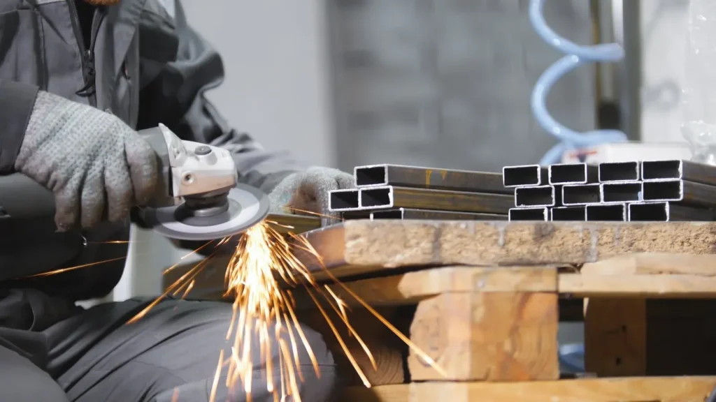 Una persona con guantes de trabajo utiliza una amoladora angular para cortar tubos de metal en una carpintería metálica, creando chispas brillantes. Las piezas metálicas se apilan en un palé de madera.